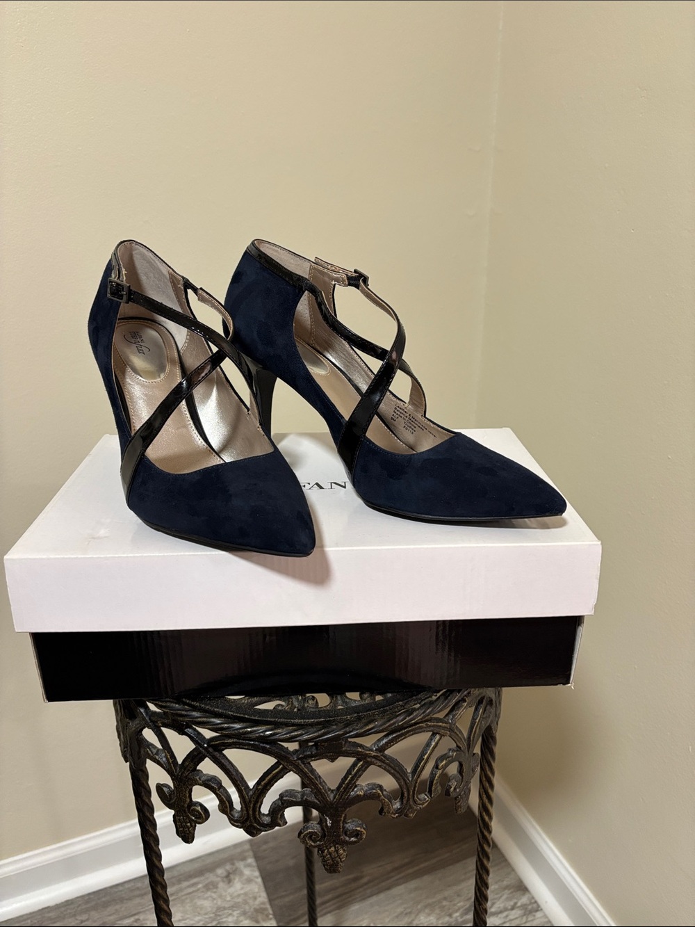 Dark Navy Suede Pointed-Toe T-Strap Heels